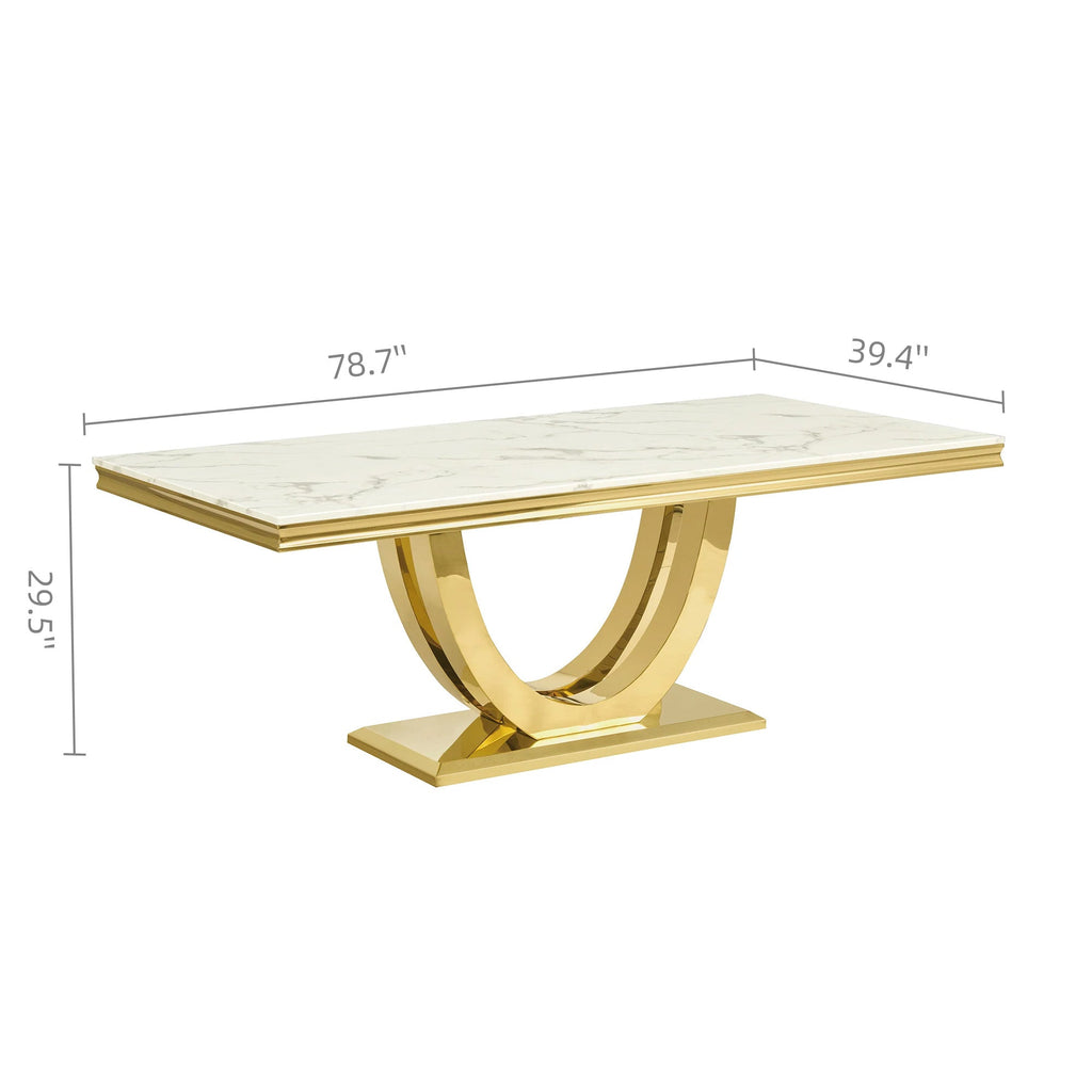 Modern  Dining Table with  Marble Top & 201 Stainless Steel U-Base, Luxury 6-8 Seater Kitchen Table, Gold/Silver Mirror Finish