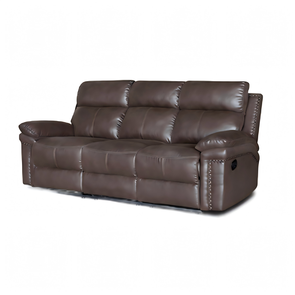 Brown leather sofa with nailhead trim on a white background
