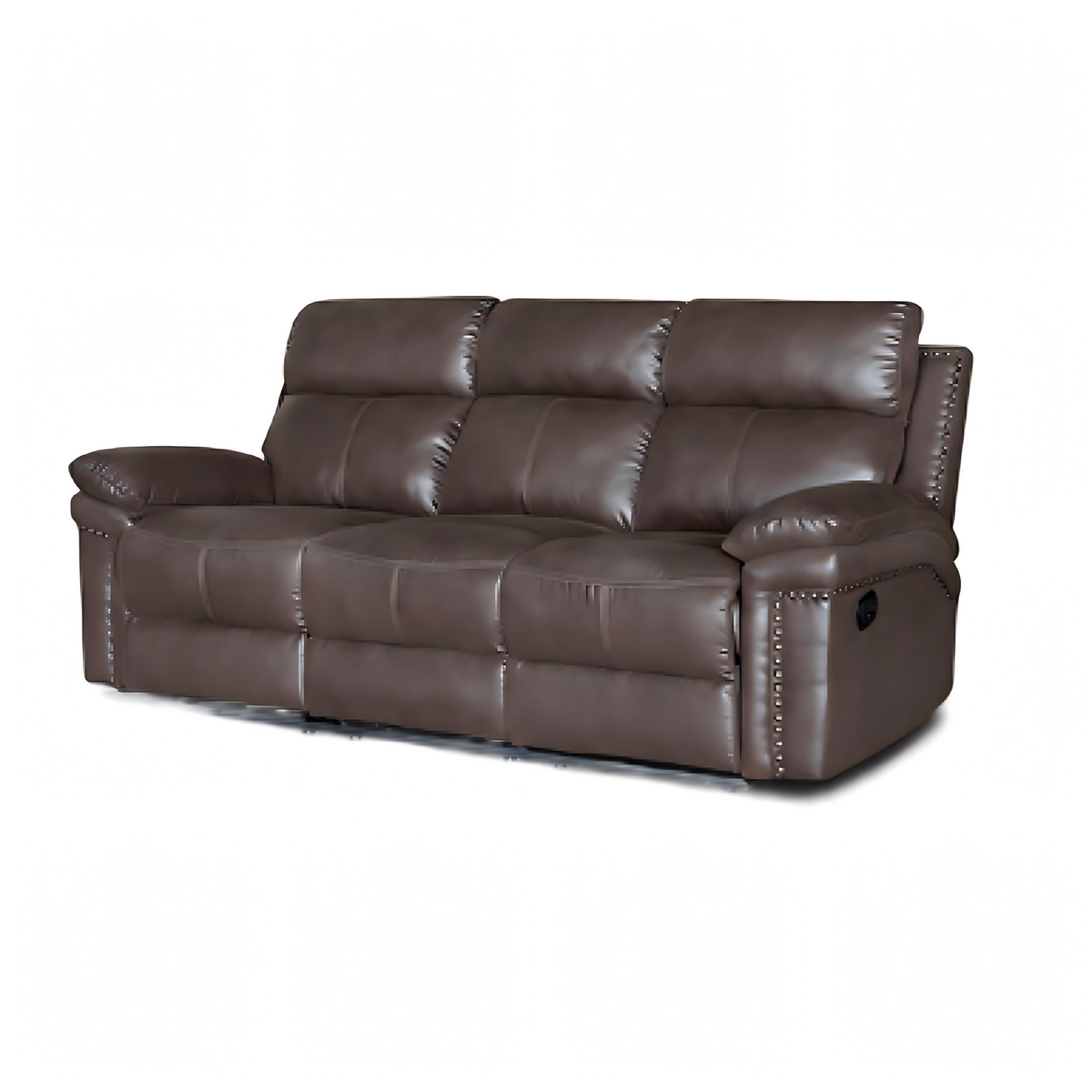 Brown leather sofa with nailhead trim on a white background