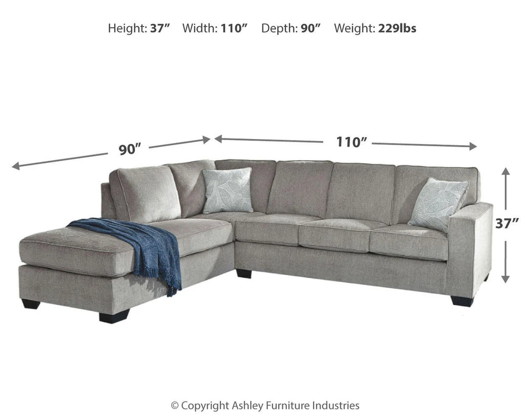 Dimensions graphic for a light gray Ashley Furniture sectional sofa showing measurements of 110” width, 90” depth, and 37” height with chaise configuration.