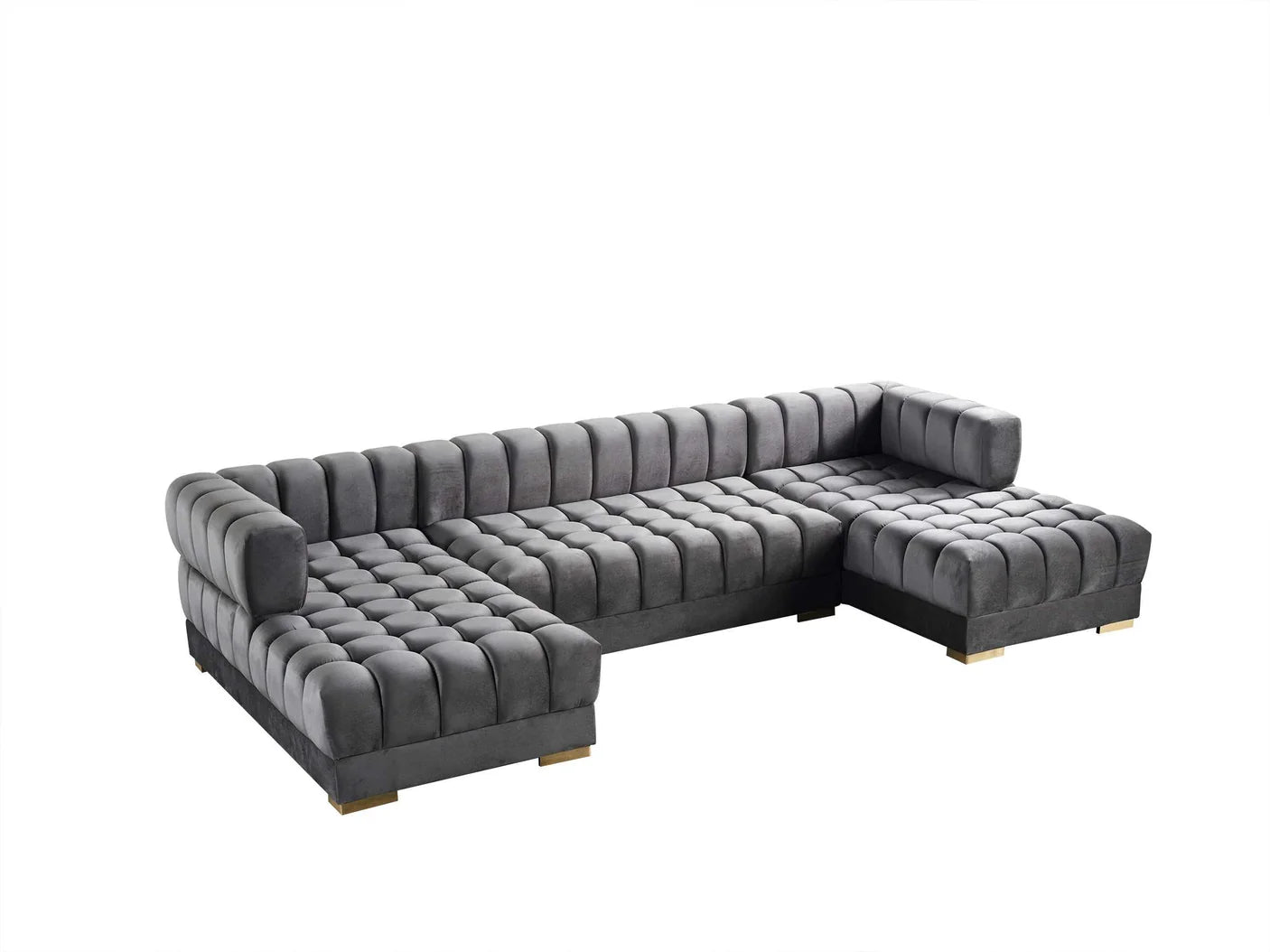 Gray tufted sectional sofa on a white background