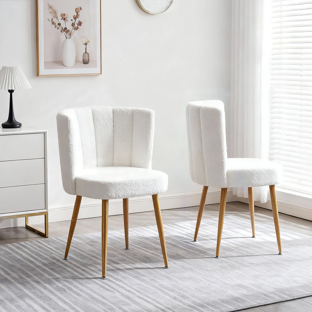 Modern White Dining Chairs - Iron Tube Wood-Color Legs, Shorthair Cushions 2pCS/CTN