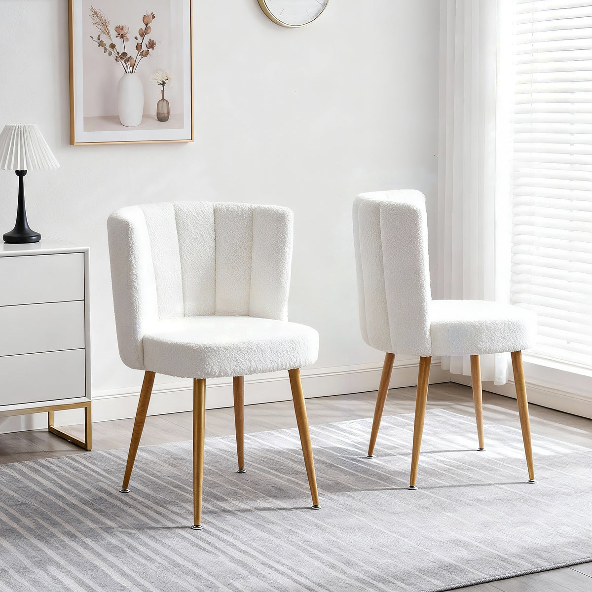 Modern White Dining Chairs - Iron Tube Wood-Color Legs, Shorthair Cushions 2pCS/CTN