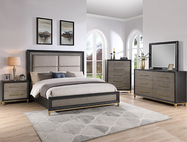 Modern bedroom set with bed, nightstands, dresser, and mirror in a well-lit room.