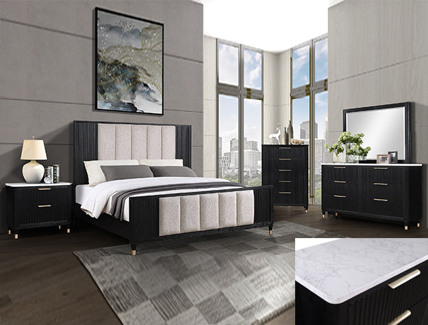 Modern bedroom with black and gray furniture, including a bed, nightstands, and dressers.