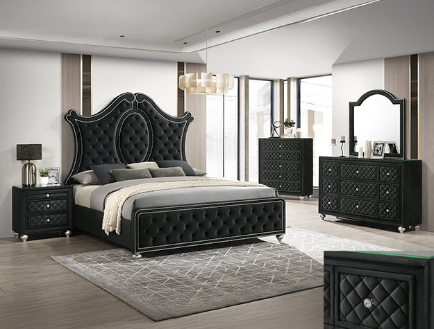 Modern bedroom set with black tufted bed, dresser, and nightstands in a well-lit room.