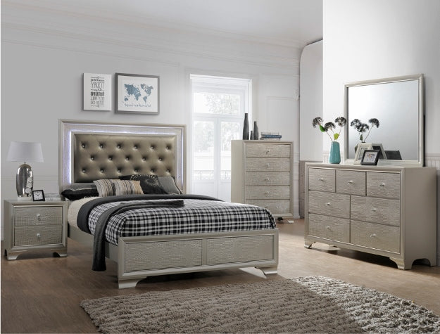 Neatly arranged bedroom with a bed, nightstands, dresser, and mirror.