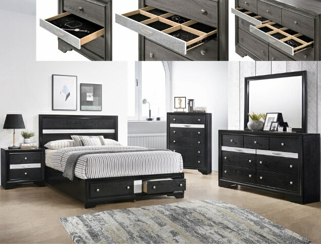 Black bedroom furniture set with bed, dresser, and nightstands in a room setting.
