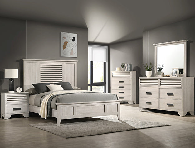 Gray bedroom set with bed, nightstands, dresser, and mirror in a room.