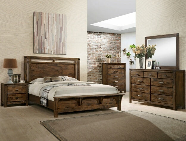 Wooden bedroom furniture set including bed, dresser, and nightstands in a room with decorative elements.
