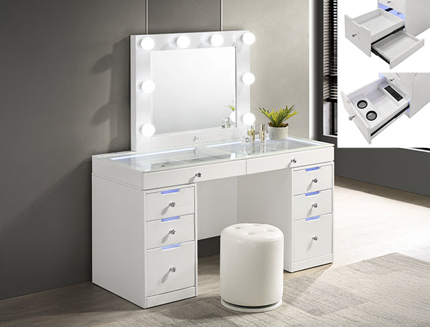White vanity with mirror and lights in a room setting