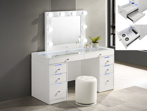 White vanity with mirror and lights in a room setting