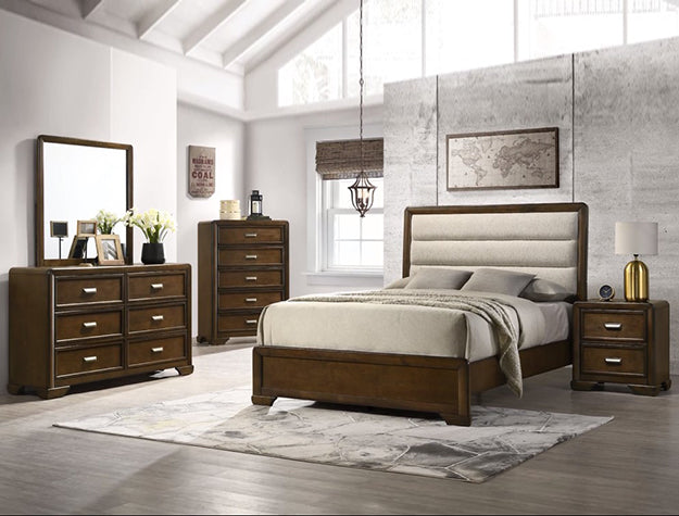 Modern bedroom with wooden furniture including a bed, dressers, and nightstands.
