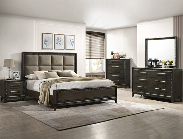 Modern bedroom set with bed, nightstands, dresser, and mirror in a well-lit room.