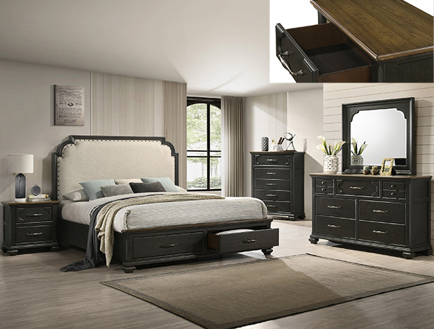 Bedroom set with bed, nightstands, dresser, and mirror in a room setting.