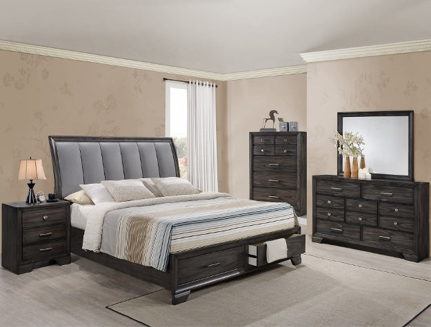 Bedroom set with bed, nightstands, dresser, and mirror in a room.