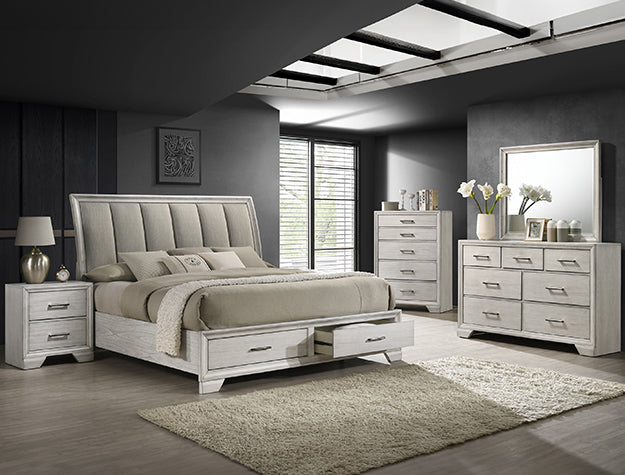 Gray bedroom set with bed, nightstands, and dresser in a modern room.