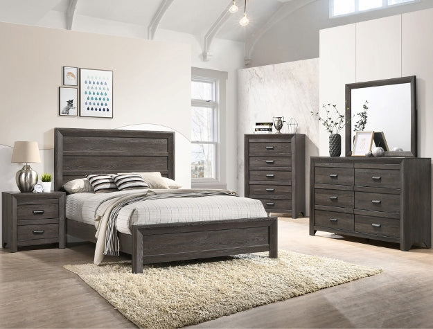 Gray bedroom furniture set with bed, nightstands, and dresser in a room with large windows.