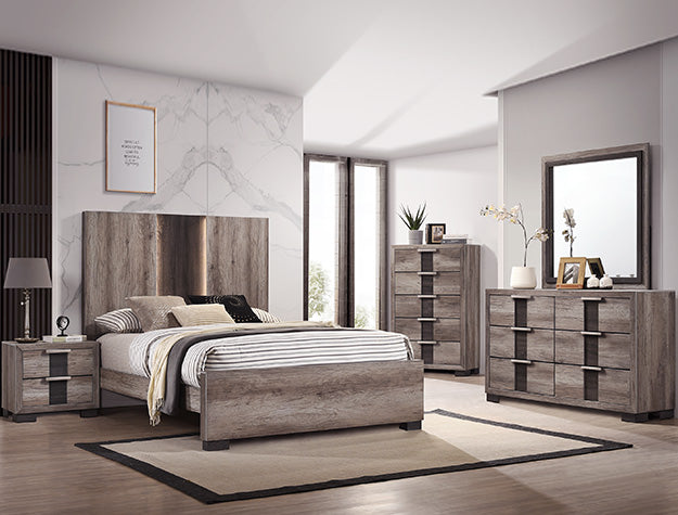Modern bedroom set with wooden furniture in a well-lit room.