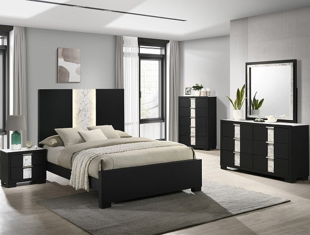 Modern bedroom with black bed and furniture set in a well-lit room.