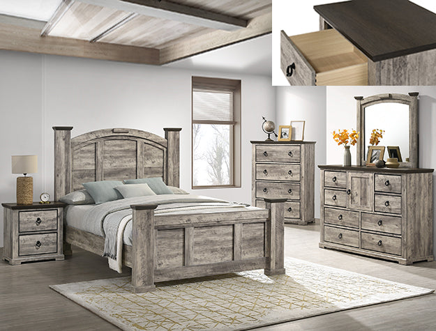 Wooden bedroom furniture set including bed, dresser, and nightstands in a room setting.