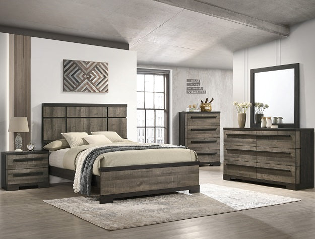 Wooden bedroom furniture set with bed, nightstands, and dresser in a room with large windows.