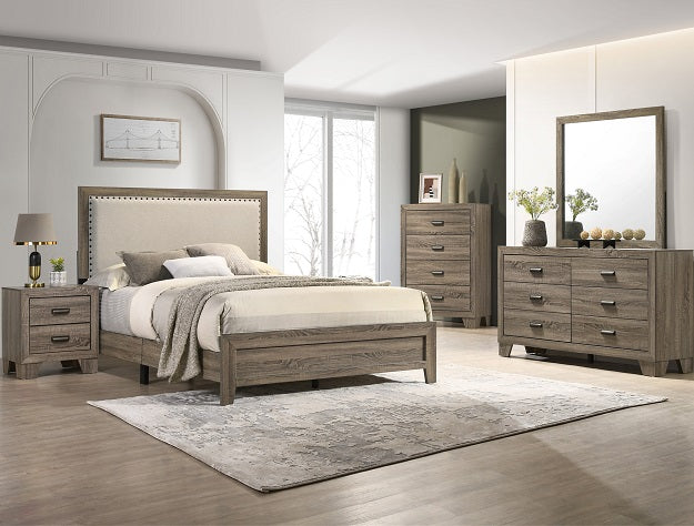 Bedroom set with wooden furniture including bed, nightstands, and dressers in a well-lit room.