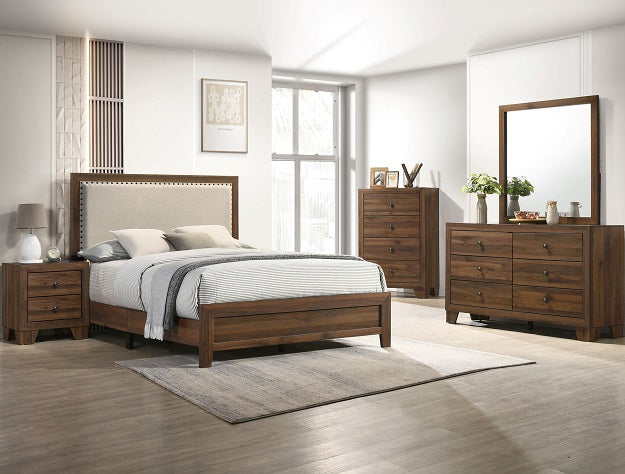 Wooden bedroom furniture set with bed, dresser, and mirror in a well-lit room.