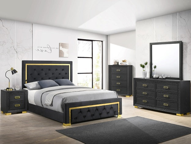 Modern bedroom set with black and gold furniture in a well-lit room.