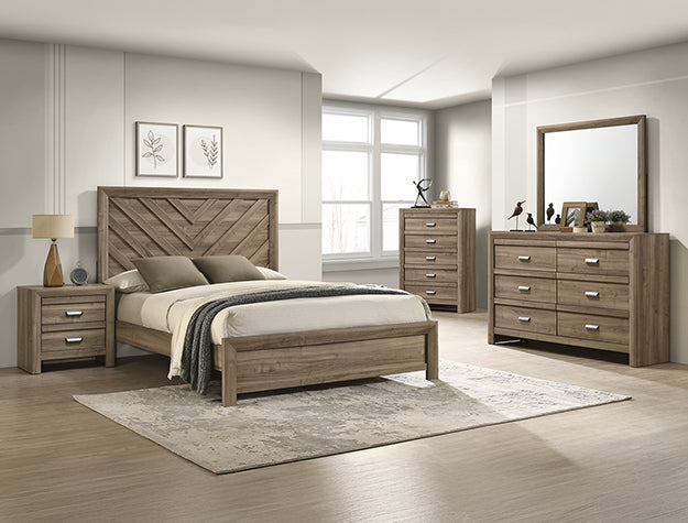 Wooden bedroom furniture set with bed, dresser, and nightstands in a room.