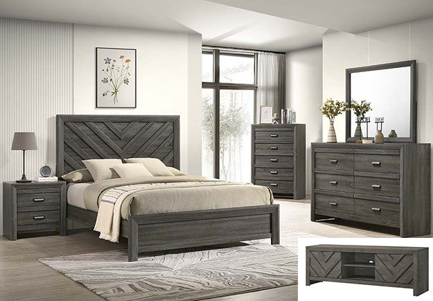 Gray bedroom furniture set with bed, dresser, and nightstands in a room.