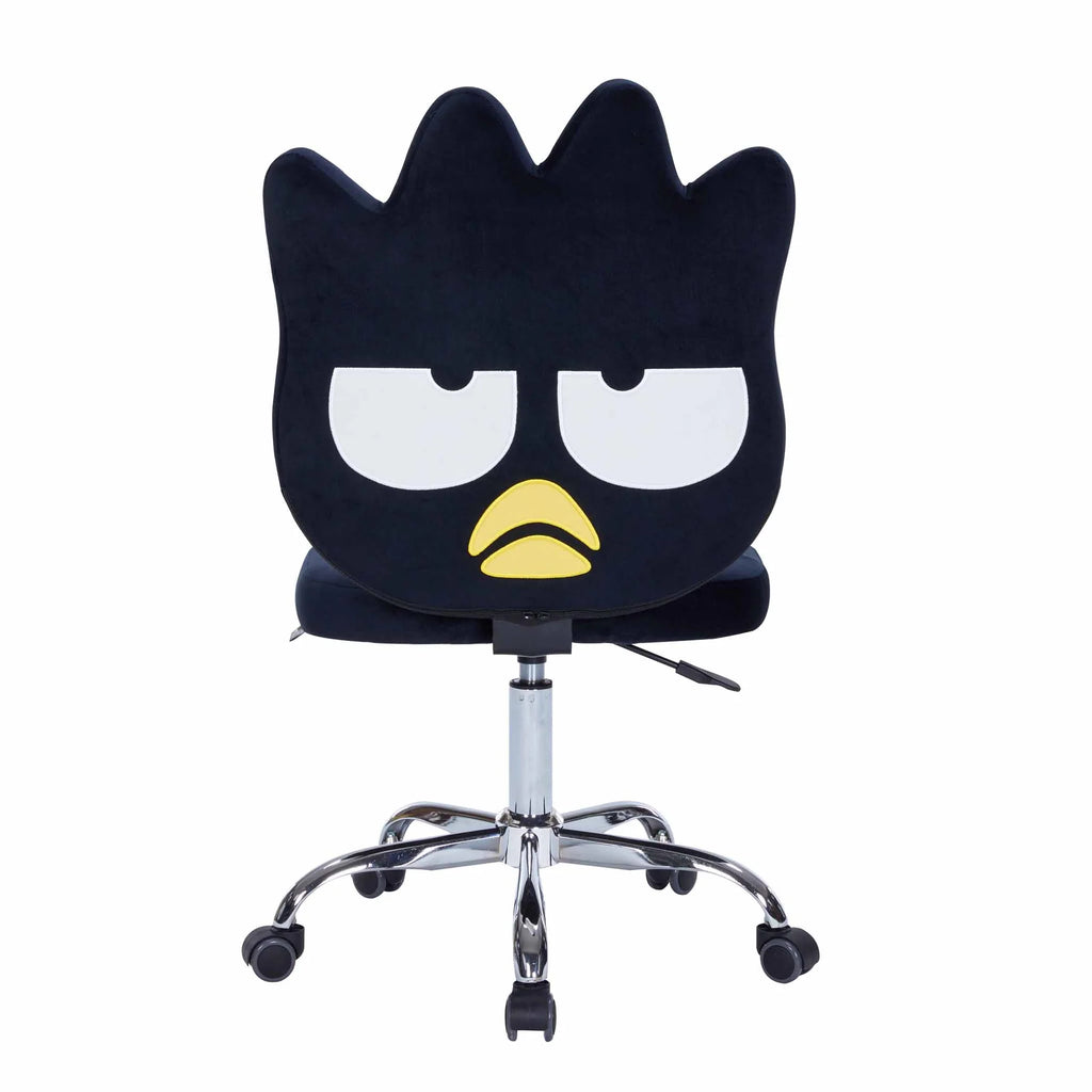 Black office chair with cartoon face design on a white background