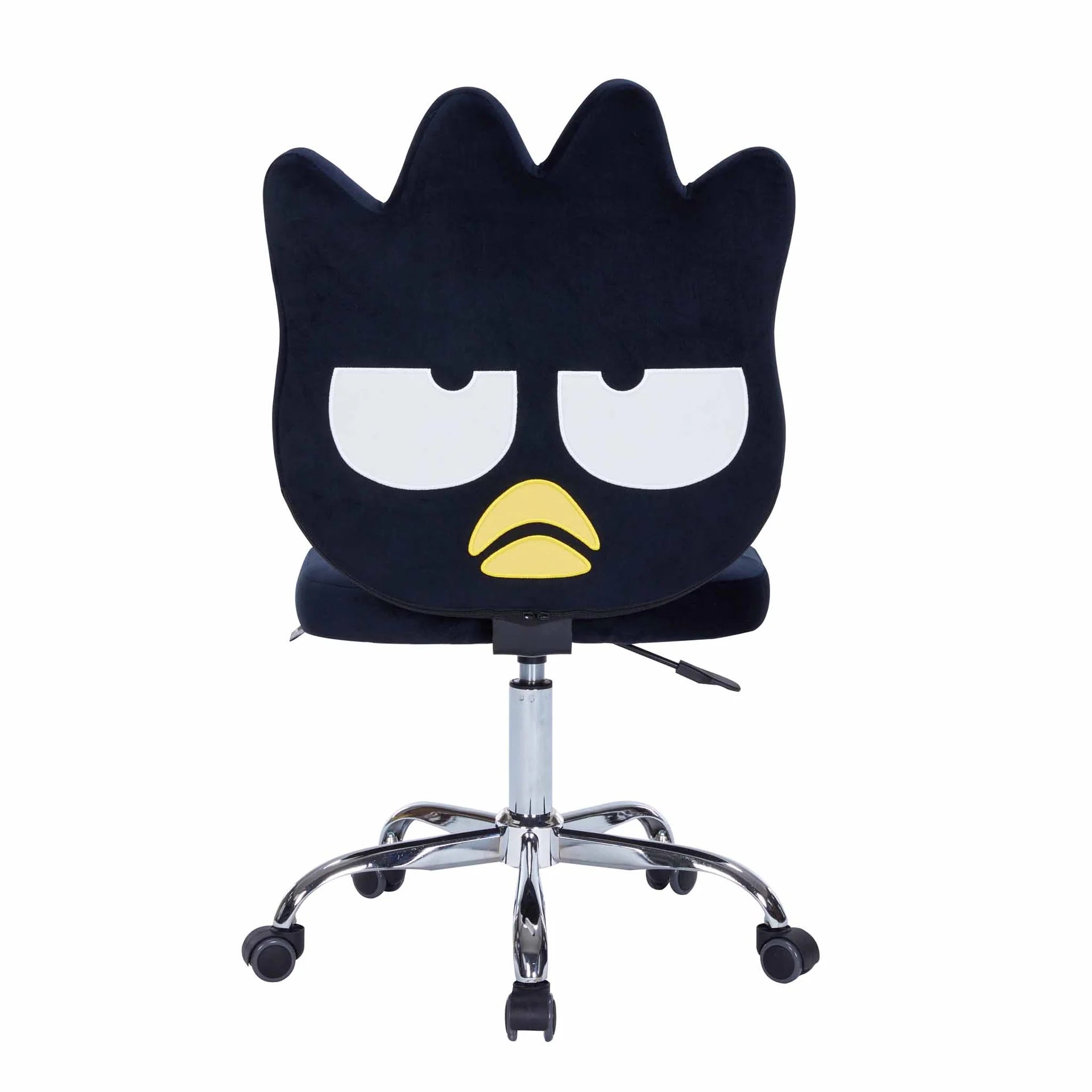 Black office chair with cartoon face design on a white background