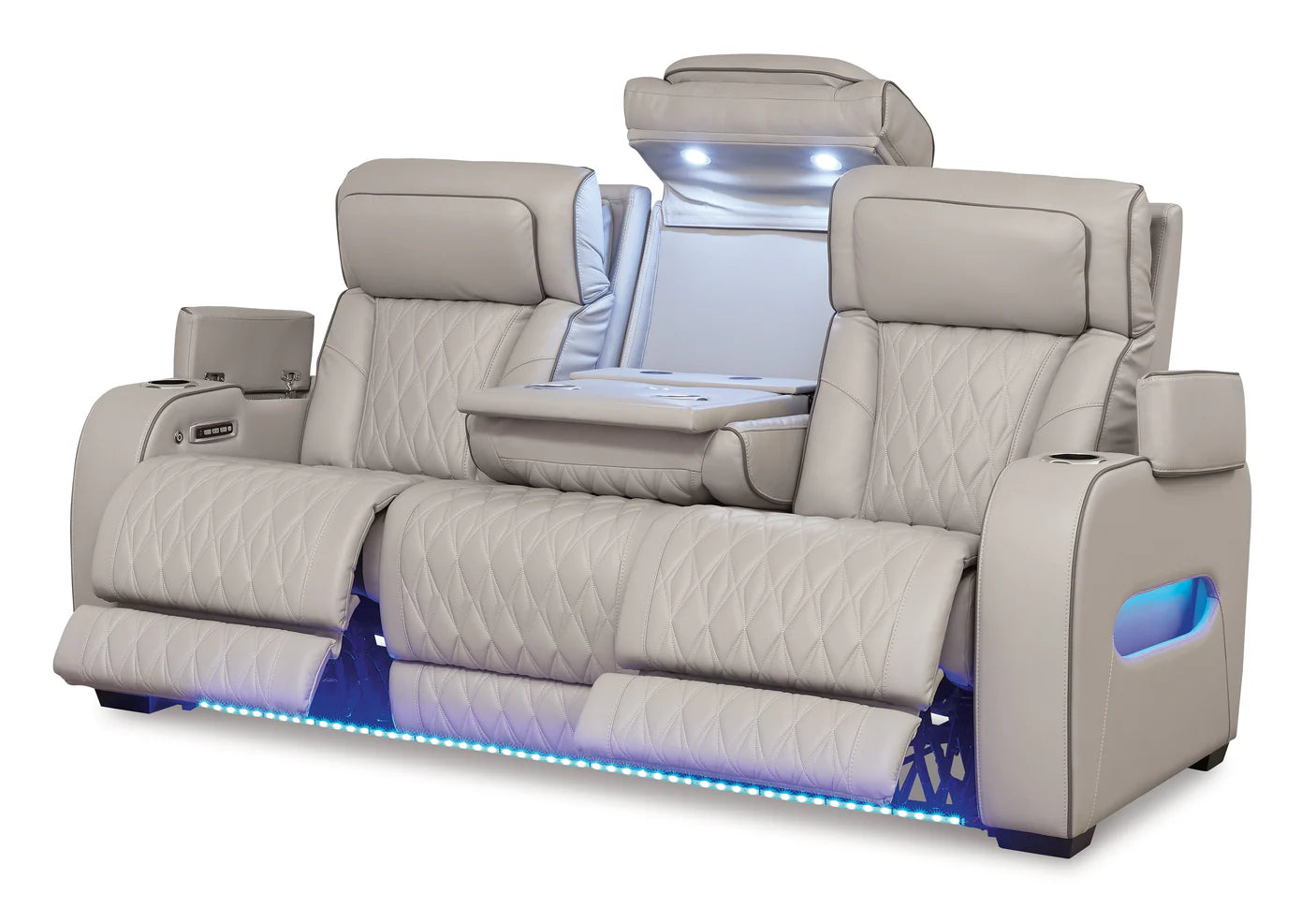 Gray recliner sofa with LED lighting on a white background