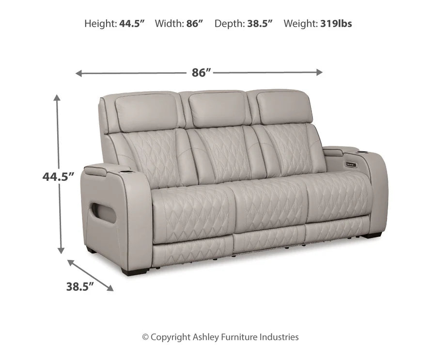 Gray sofa with dimensions labeled on a white background