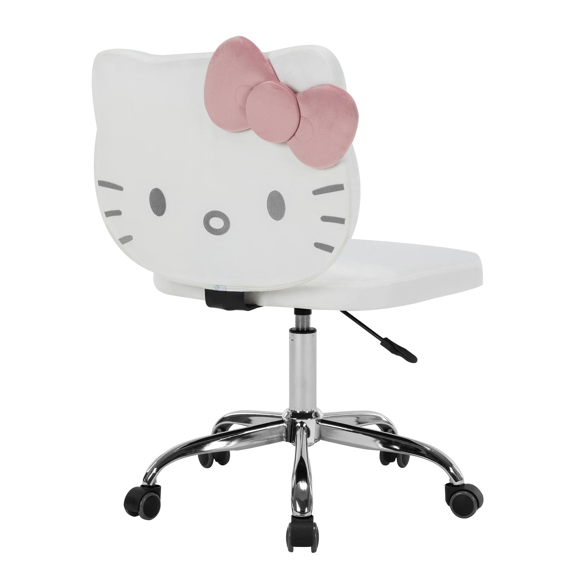 Hello Kitty-shaped office chair with a pink bow on a white background