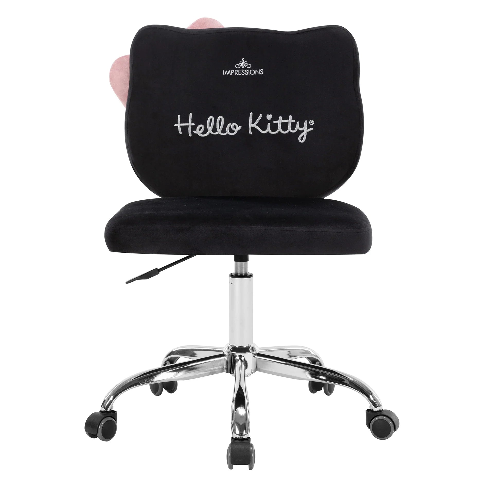 Black office chair with 'Hello Kitty' embroidery on a white background