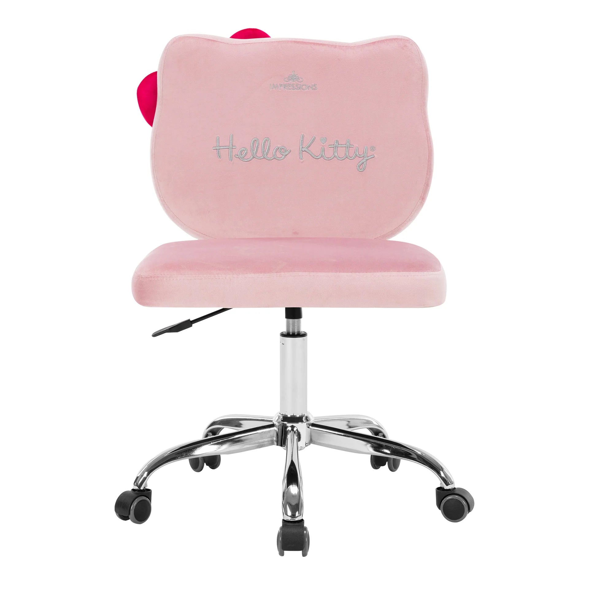 Pink office chair with 'Hello Kitty' branding on a white background
