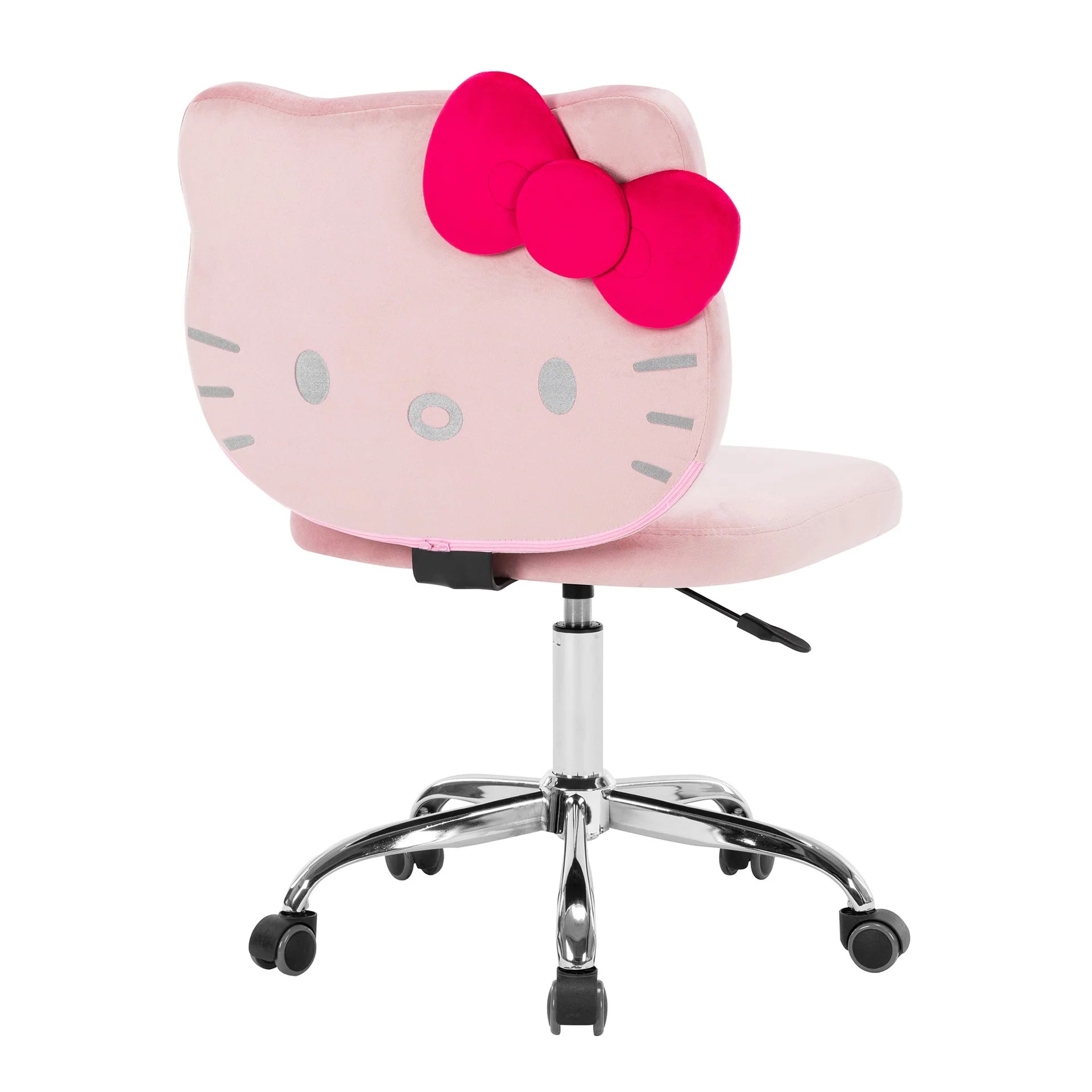 Pink cartoon chair with a large red bow on a white background