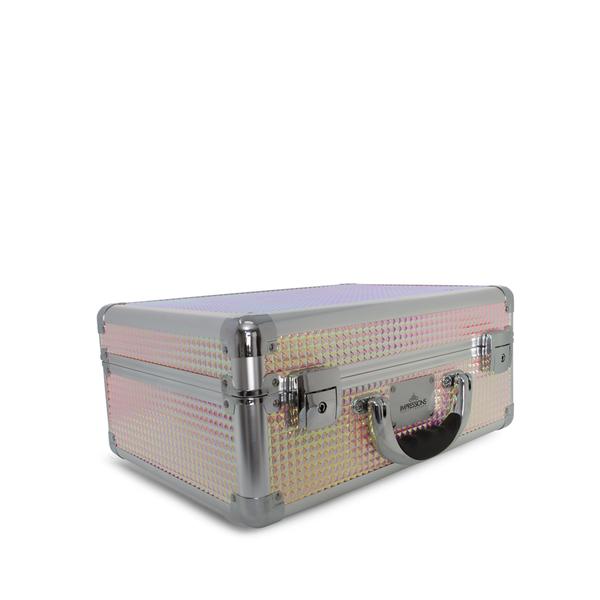 Silver and pink suitcase with a textured pattern on a white background