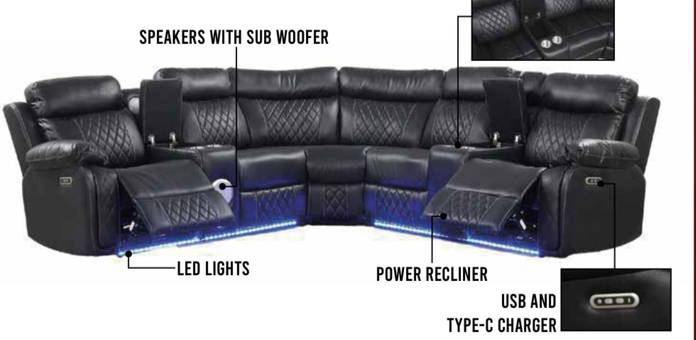 curved design in contemporary living room.
3-piece black faux leather reclining sectional featuring power recliners, blue LED lighting, USB and Type-C charging