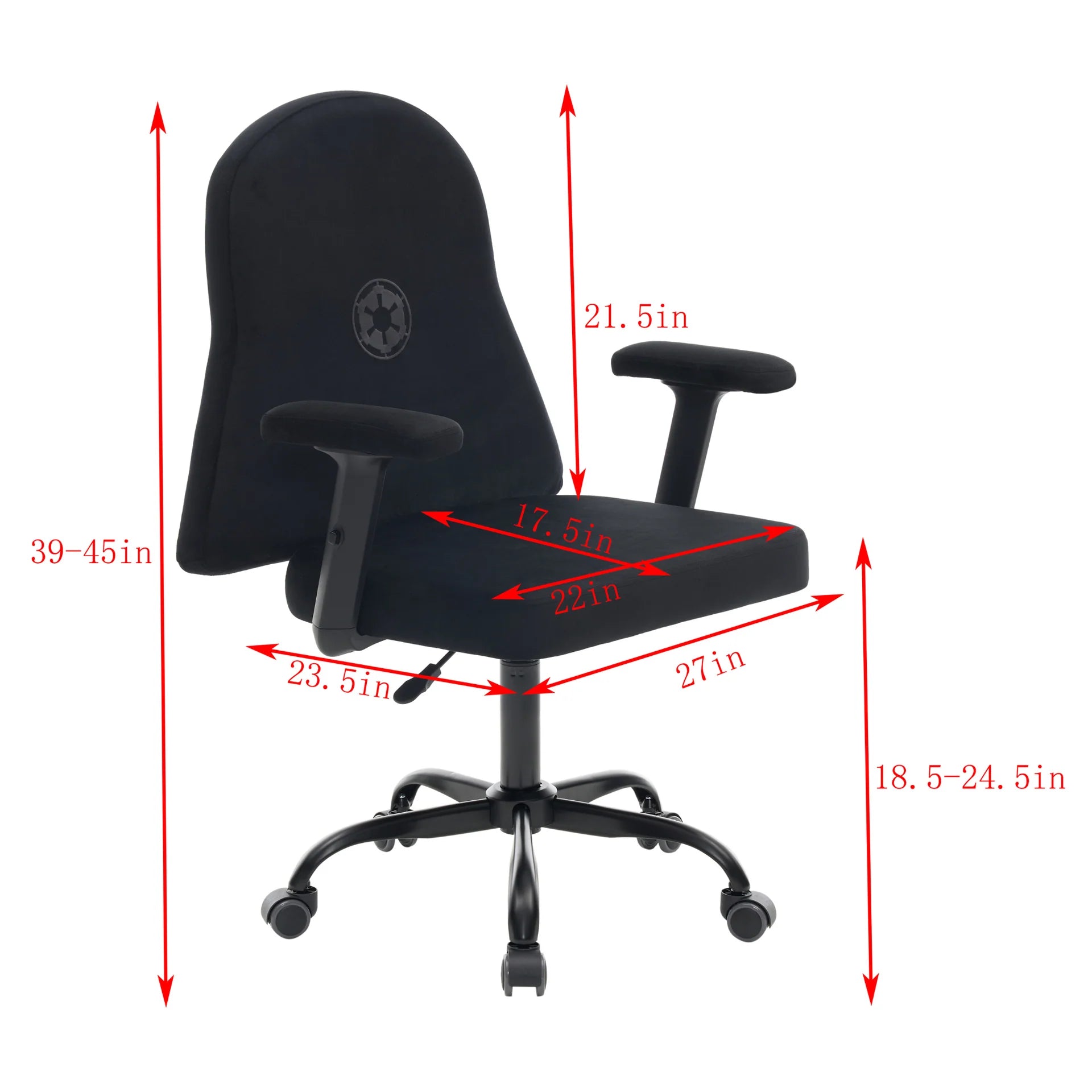 Darth Vader swivel chair with dimensions on white background.