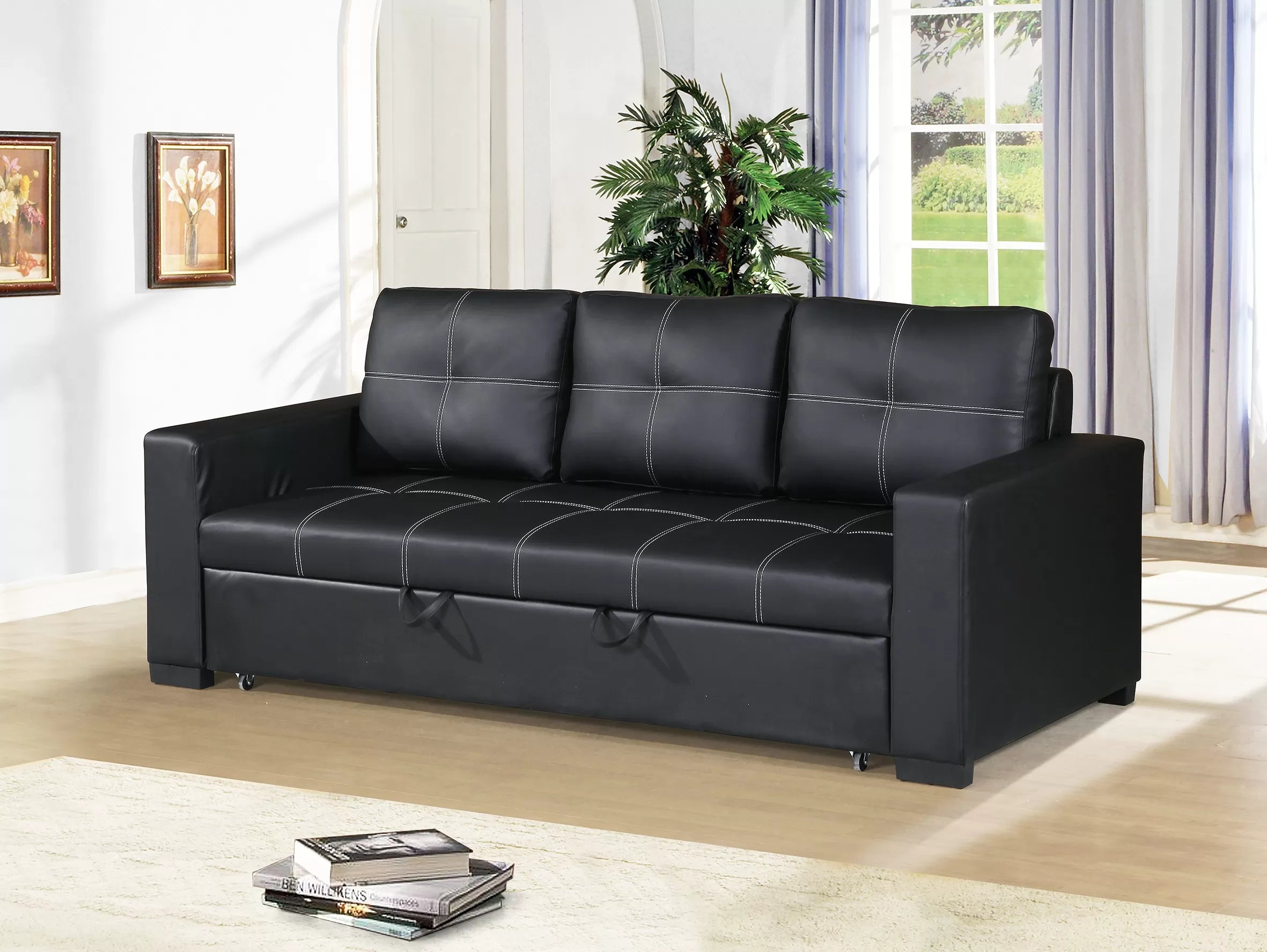 Black leather sofa bed in a room with a window and plants