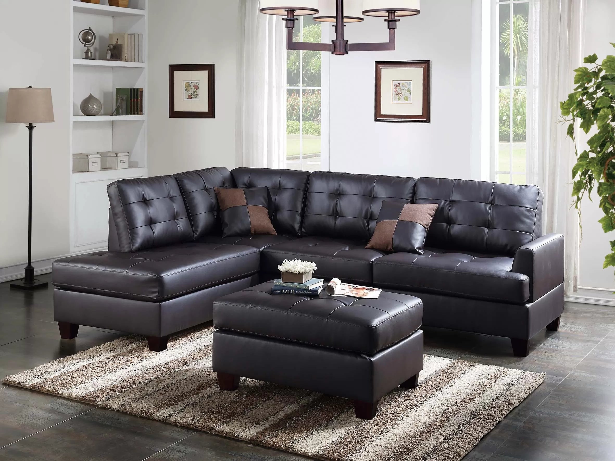Traditional Style 3pc Reversible Sectional Sofa Set W/ Ottoman