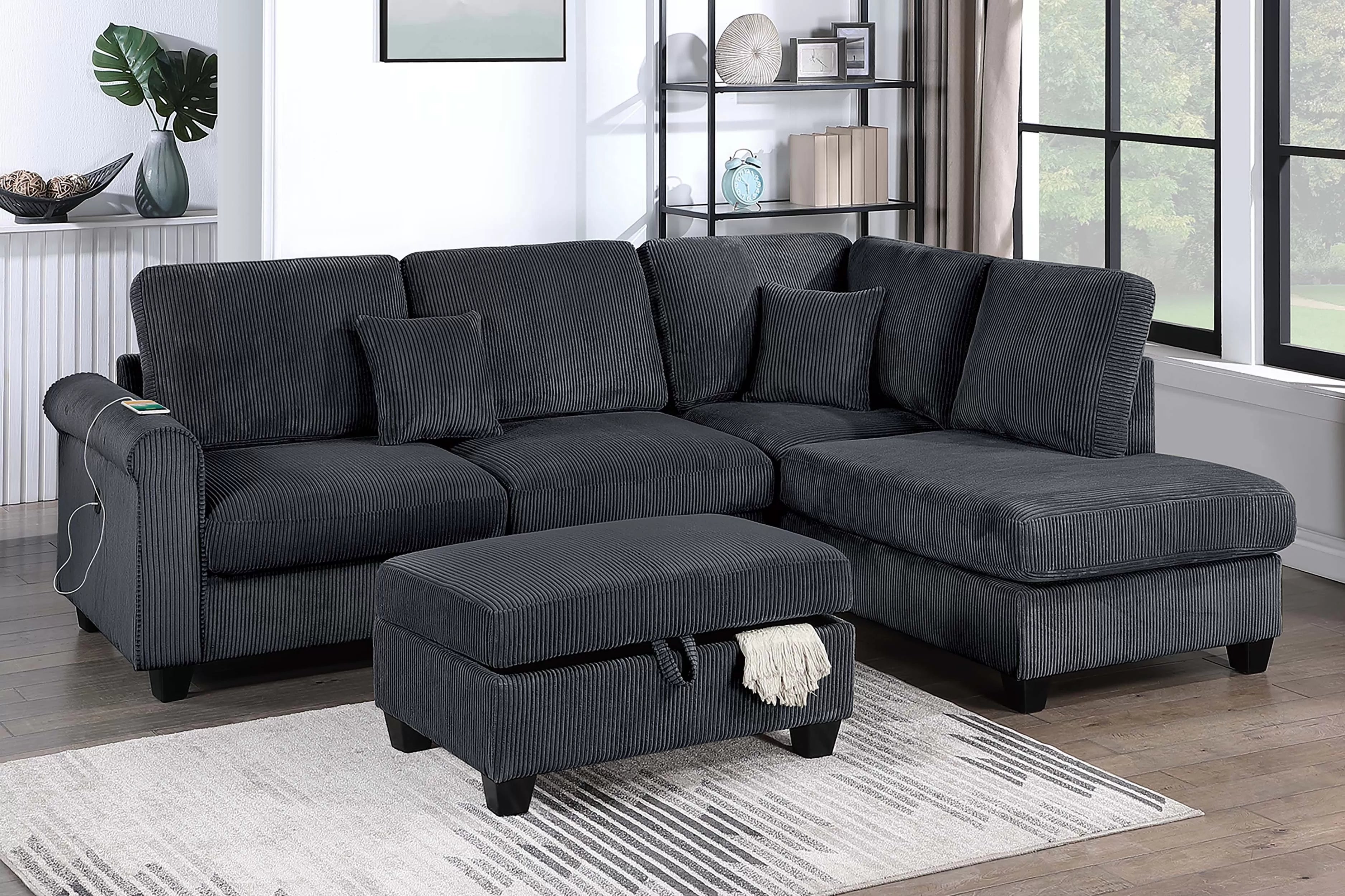 Super Plush 3-Piece Sectional Set W/ USB Charging & Ottoman