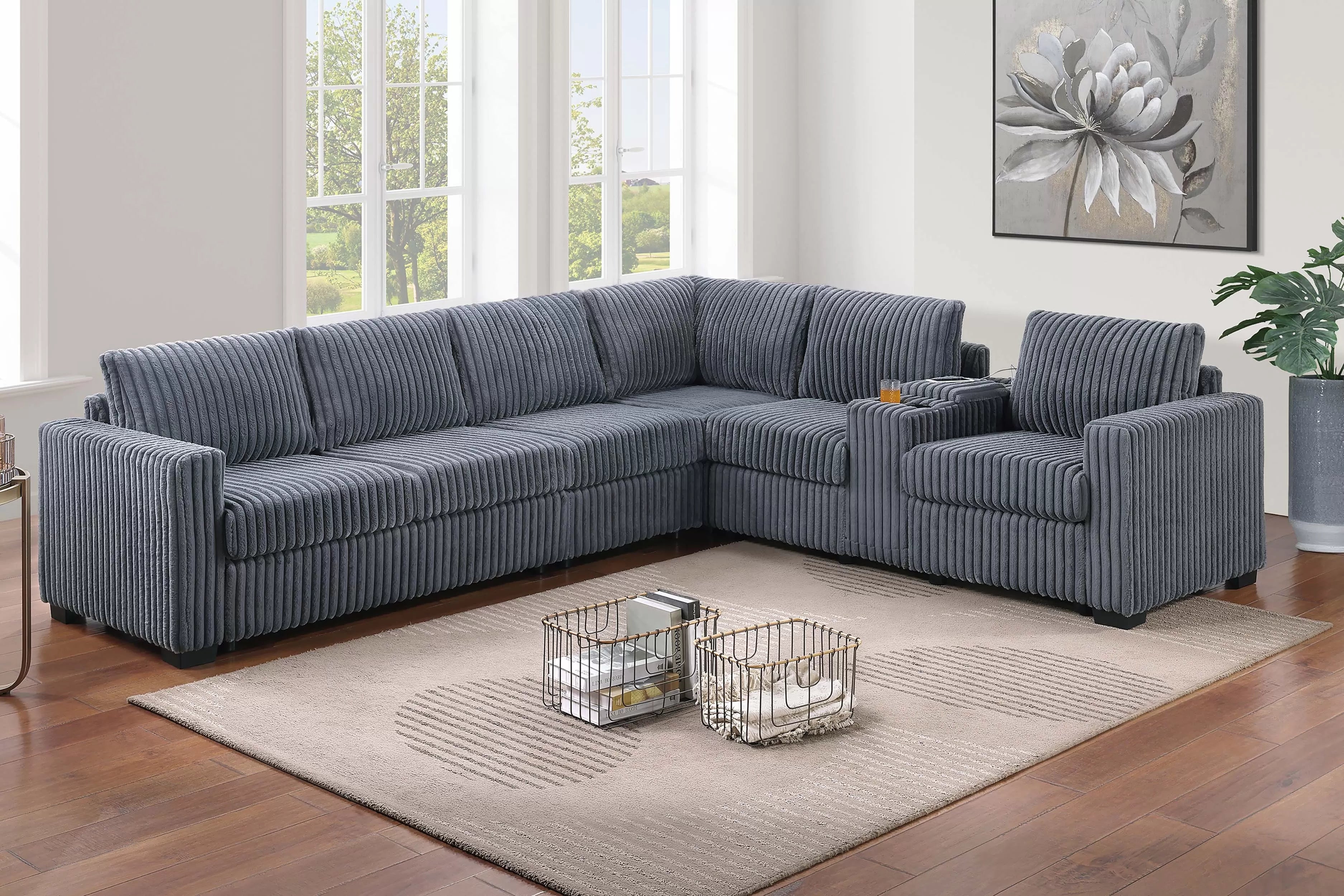 Plush Grey Corduroy 4-Piece Sectional Set