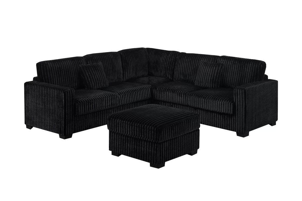 Black sectional sofa with ottoman on a white background
