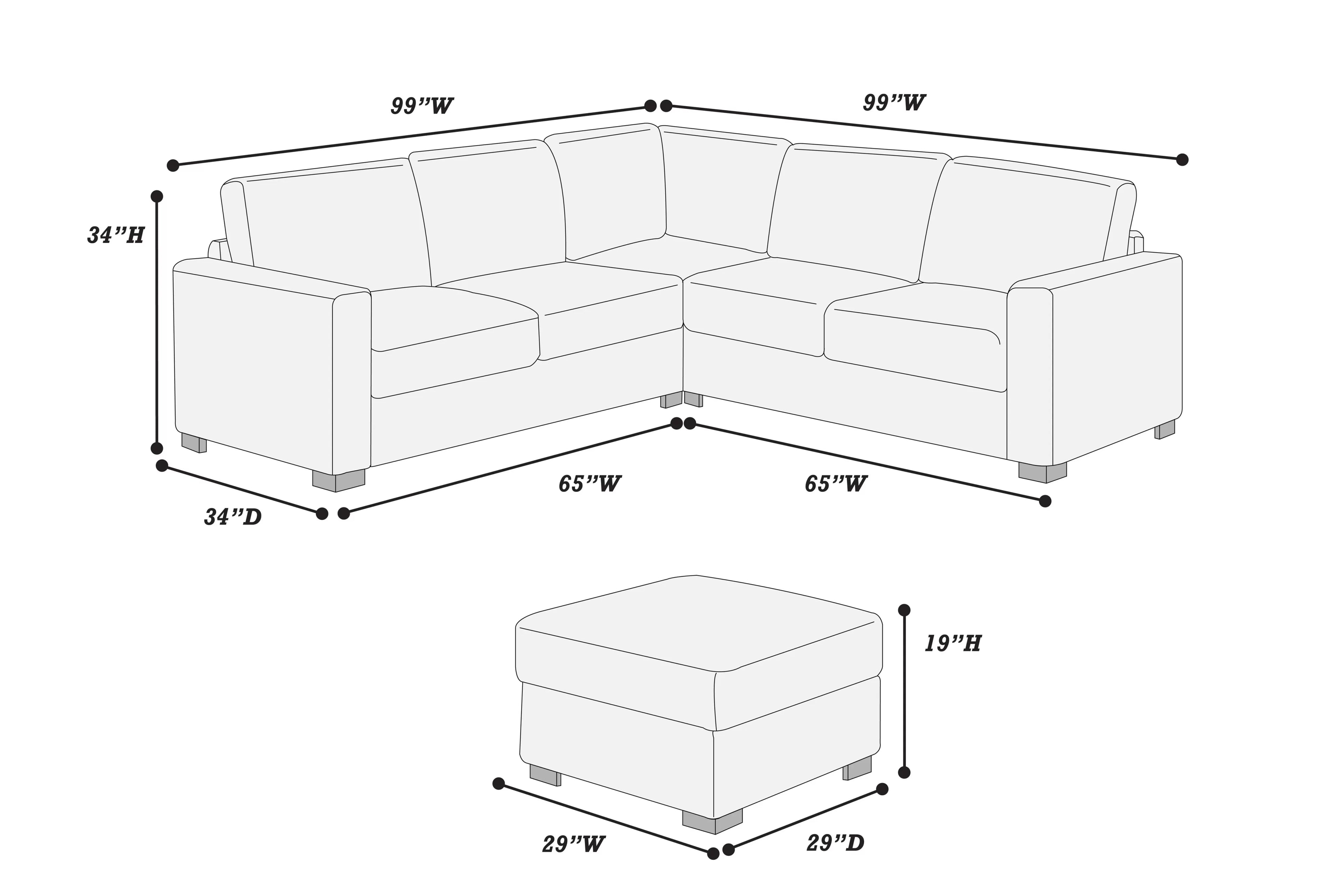 Measurement chart of a sectional sofa with ottoman on a white background