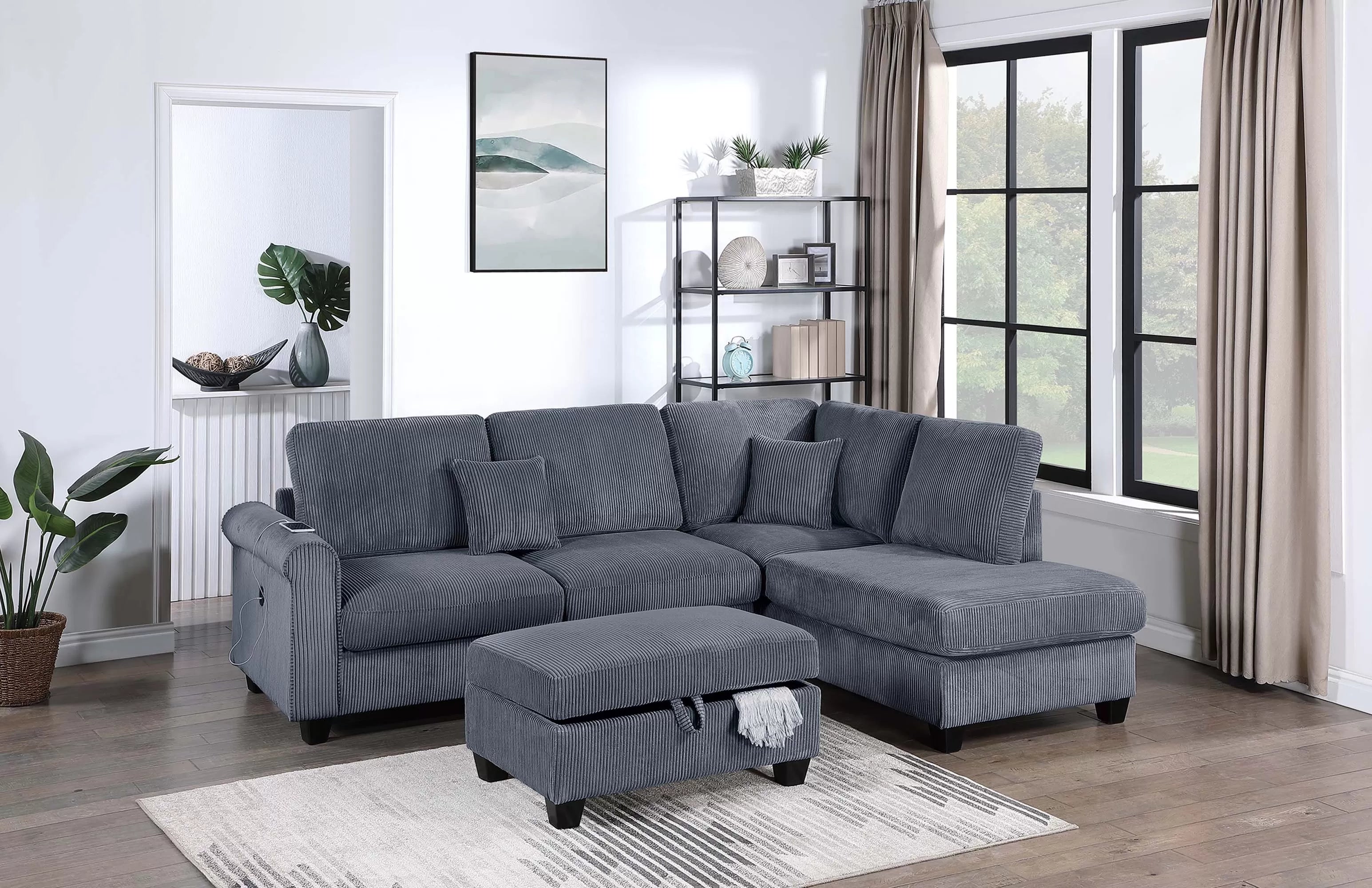 Super Plush Corduroy 3-Piece Sectional Set W/USB Charging & Ottoman