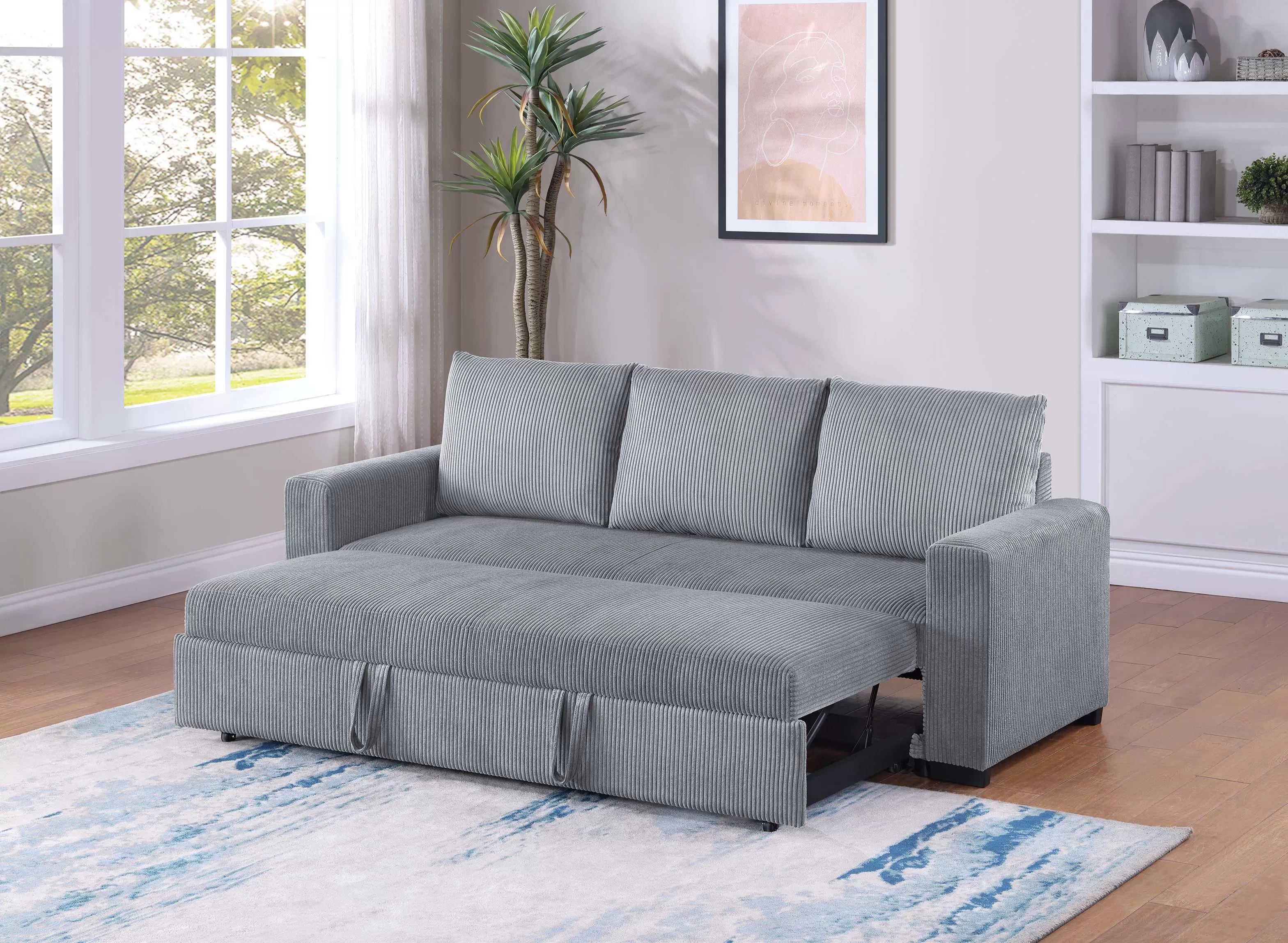 Gray sofa bed in a room with a window, plant, and shelves.